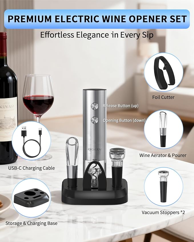 CIRCLE JOY Electric Wine Opener Stainless Steel Rechargeable Automatic Wine Bottle Opener Set 7-in-1 Top Gifts for Wine Lovers with Charging Base, Foil Cutter, Wine Aerator Pourer & 2 Vacuum Stoppers