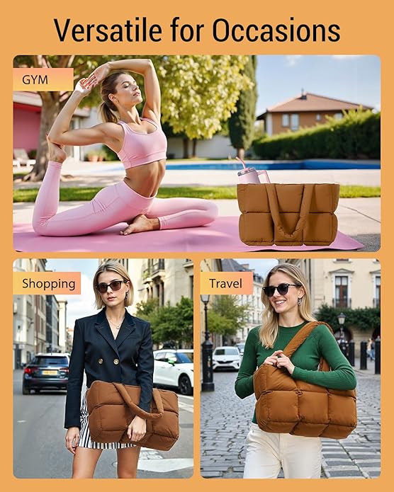 Herald Puffer Tote Bag for Women, Large Quilted Puffy Handbag Lightweight Satchel Purse with Cup Holder & Compartment