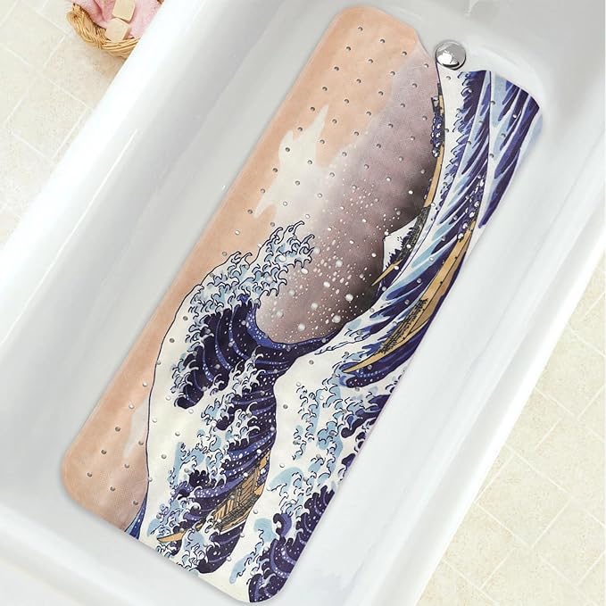 Bathtub Mat Non Slip, Japanese Wave Extra Long Bath tub Mat Shower Floor Mat with Suction Cups and Drain Holes for Adults Kids Elderly 40 X 16 Inch