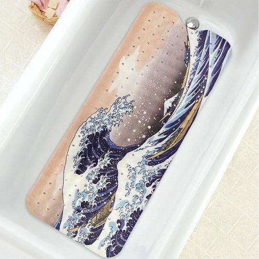 Bathtub Mat Non Slip, Japanese Wave Extra Long Bath tub Mat Shower Floor Mat with Suction Cups and Drain Holes for Adults Kids Elderly 40 X 16 Inch