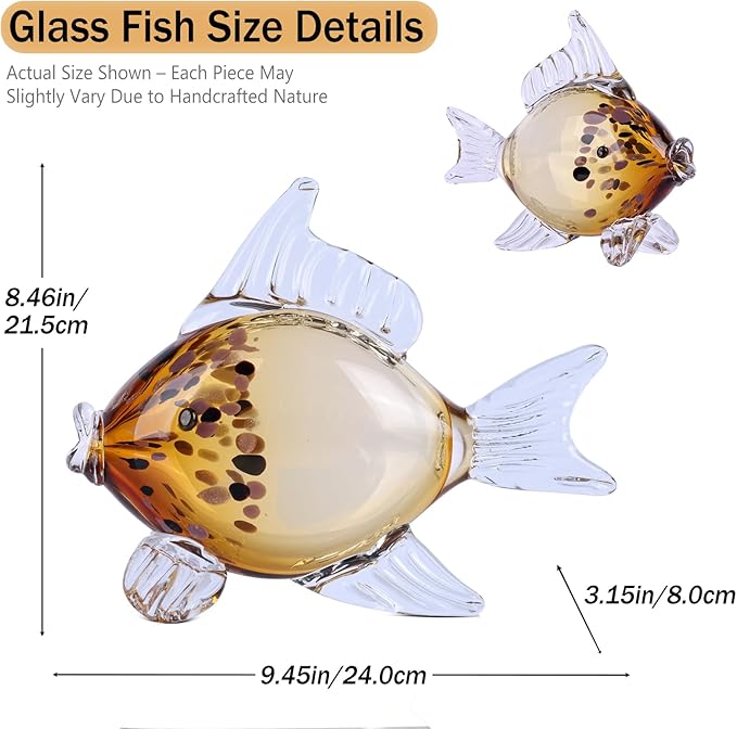 Large Glass Fish Figurine for Home Decor, Hand Blown Art Glass Ocean Animal Statue, Decorative Coastal and Beach Themed Sculpture for Table, Shelf, Bathroom, Living Room or Office