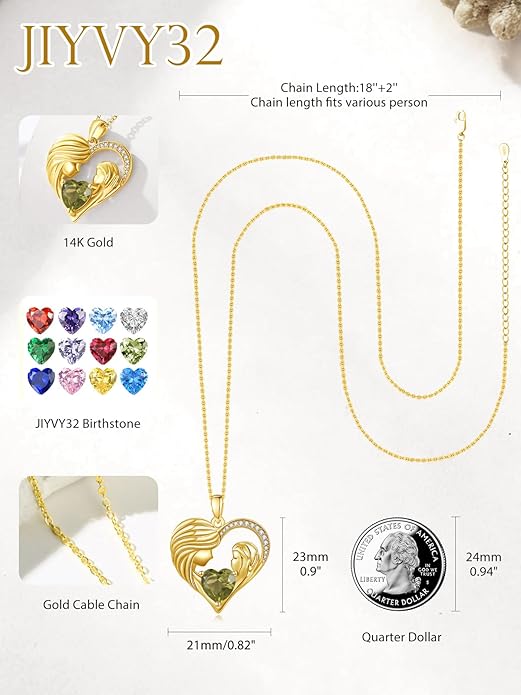 Mother and Daughter/Son Love Heart Necklace White Gold/14K Gold/Rose Gold Birthstone Jewelry Christmas Mothers Day Birthday Gifts For Mom Wife Grandma Women