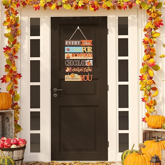 CHDITB Fall Themed Wooden Sign, Autumn Leaves Wooden Hanging Plaque, Pumpkin Bonfire Fall Front Door Hanger, Chocolate S'Mores Autumn Wall Sign Art Hanger for Halloween, Thanksgiving Party Wall Decor