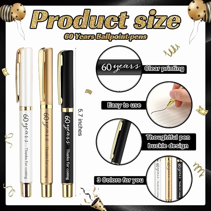 25 Sets Birthday Favors for Guests 25 Thanks for Coming Ballpoint Pens 25 Bookmarks 25 Cards with Organza Bag for Adult Birthday Anniversary Party Souvenir(Metal-60th)