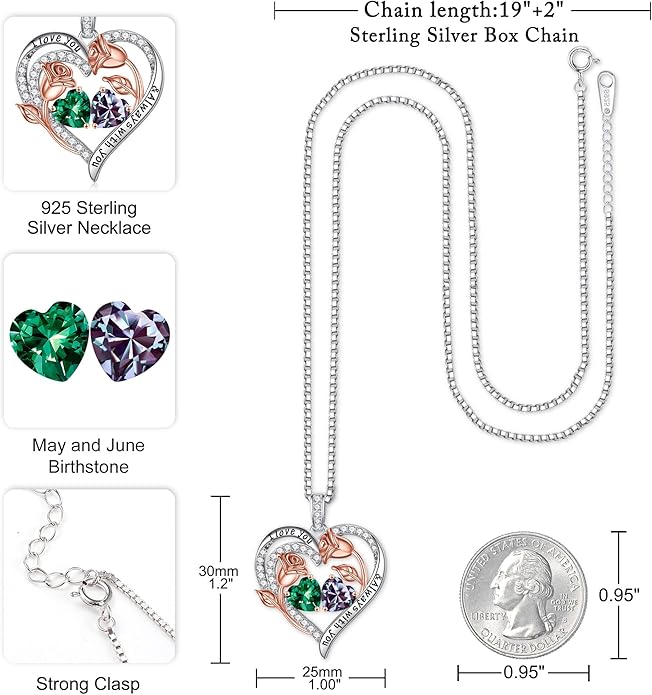 Iefil Valentines Day Gifts for Her - 925 Sterling Silver Rose Heart Birthstone Necklace Birthday Anniversary Jewelry Gifts for Her Wife Mom Daughter
