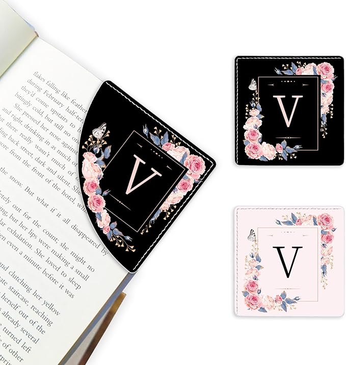2 Pack A-Z Leather Book Corner Bookmark, Durable Handmade Reading Accessories - Gifts for Readers, Women, Men, Teachers, Students V