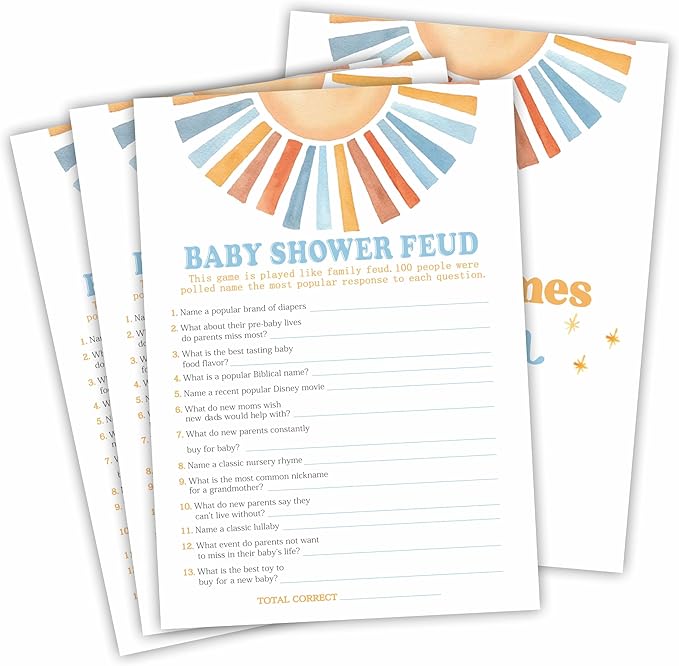 Retro Sunshine Baby Shower Feud Game Kit - Here Comes The Sun - 30 Double-Sided Game Cards & 1 Answer Card for Baby Shower, Gender Reveal Party Favor, Activity & Supplies - D06