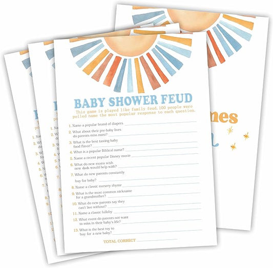 Retro Sunshine Baby Shower Feud Game Kit - Here Comes The Sun - 30 Double-Sided Game Cards & 1 Answer Card for Baby Shower, Gender Reveal Party Favor, Activity & Supplies - D06
