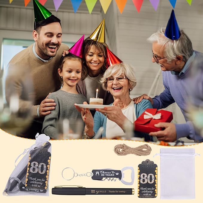 25sets 80th Birthday Party Favors for Guests Including Pens Bottle Opener Keychains Bulk Thank You Cards with Organza Gift Bags for Birthday Anniversary Souvenirs, Cheers to 80 Years