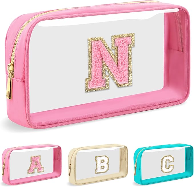 Personalized Initial Letter Clear Makeup Bag,Preppy Small Nylon&PVC Cosmetic Zipper Bag with Chenille Letter,Portable Beach Travel Skincare Toiletry Bag,Trendy Monogram Gift for Teen Girls Women,N