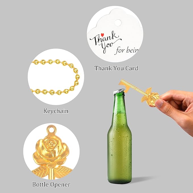 Aokbean 100 PCS Rose Flower Shaped Keys Wedding Favors Gift for Guest Bulk Skeleton Key Bottle Opener with Card and Chain for Rustic Party Bridal Showers Decorations (Gold)