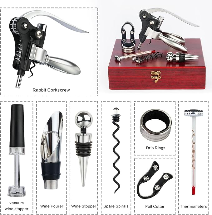 9 PCS Corkscrew Wine Opener Set, Stainless Steel Cork Screw Rabbit Wine Bottle Opener Kit Including Foil Cutter, Pourer, Vacuum Wine Stopper Corkscrews etc, Luxury Wine Sets Gifts for Women & Men