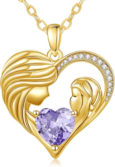 Mother and Daughter/Son Love Heart Necklace White Gold/14K Gold/Rose Gold Birthstone Jewelry Christmas Mothers Day Birthday Gifts For Mom Wife Grandma Women