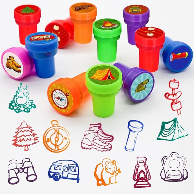 Cinrobiye 24 Pcs Happy Camper Stampers for Boys Girls, Camping Adventure Birthday Party Supplies Favors, Classroom Rewards, Carnival Prizes, Goodie Bag Pinata Fillers for Campfire Tent Hiking Party