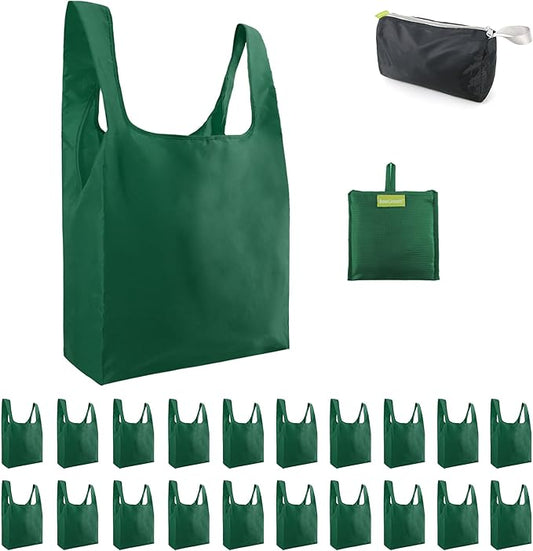 BeeGreen Christmas Green Reusable Shopping Bags Green Wholesale Reusable Grocery Bags Bulk Foldable-Machine Washable with Zipper Storage Pouch 20 Pieces