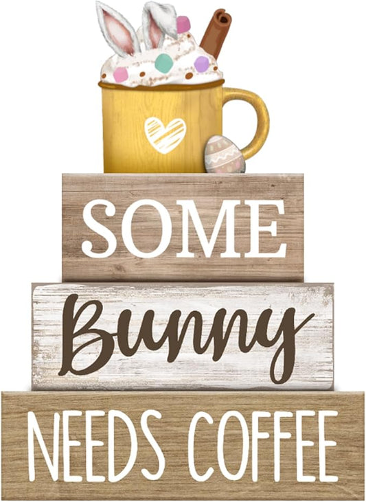 4 Pcs Easter Table Decorations Wooden Coffee Bunny Tiered Tray Decor Happy Easter Centerpiece for Tables Decorative Rabbit Block Signs Gifts Farmhouse Rabbit Decor for Home Kitchen Shelf