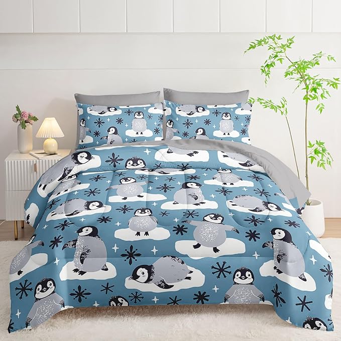 7Pcs Comforter Set Cartoon Penguin Black Snowflakes Printed Bedding Set with 1 Comforter,1 Flat Sheet,1 Fitted Sheet and 4 Pillowcases for Boys and Girls Bedroom All Season(Queen)