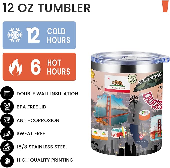 12oz Coffee Mug California State Insulated Coffee Cups, United States Map Travel Mug Landmark, Birthday Gifts Cute Mugs with Lid and Straw Mothers Day Gifts