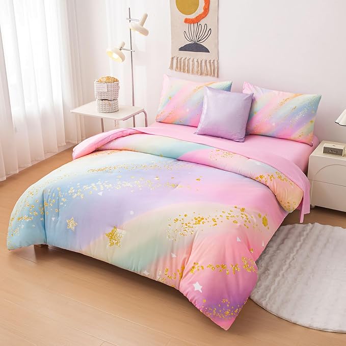 Rainbow Bedding Set Queen Size – 6-Piece Reversible Girls Comforter with Deep-Pocket Sheet, Gradient Galaxy Design, Whole-Piece Filling, Machine Washable Bed-in-a-Bag for Kids Room Makeover & Gifts