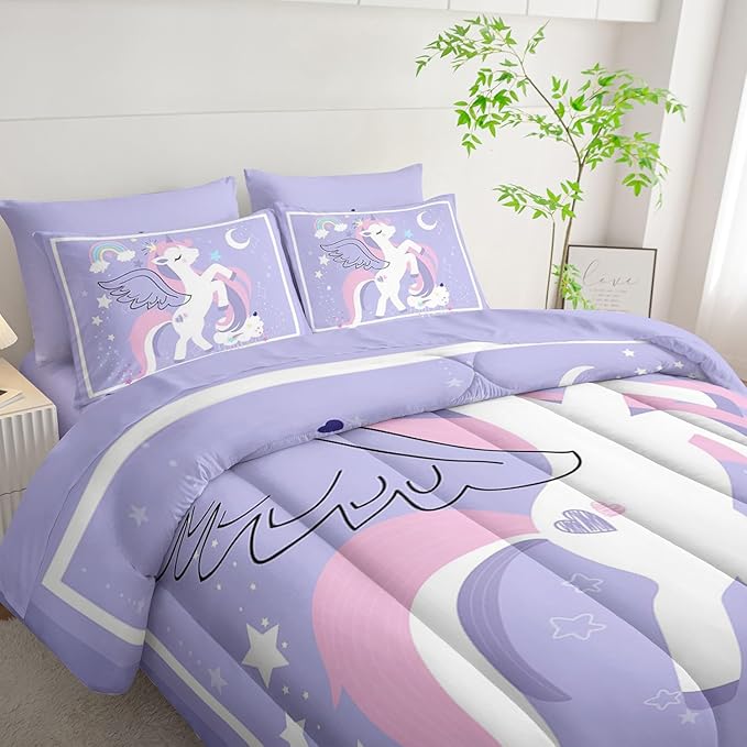 7Pcs Comforter Set Cartoon Purple Unicorn Printed Bedding Set with 1 Comforter,1 Flat Sheet,1 Fitted Sheet and 4 Pillowcases for Boys and Girls Bedroom All Season(Twin)