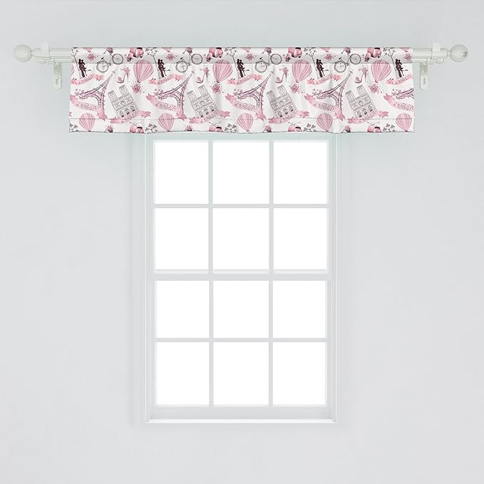 Ambesonne Paris Window Valance, Valentines Day Theme with Eiffel Kissing Couple Hot Air Balloon Wedding Concept, Curtain Valance for Kitchen Bedroom Decor with Rod Pocket, 54" X 12", Pink Rose