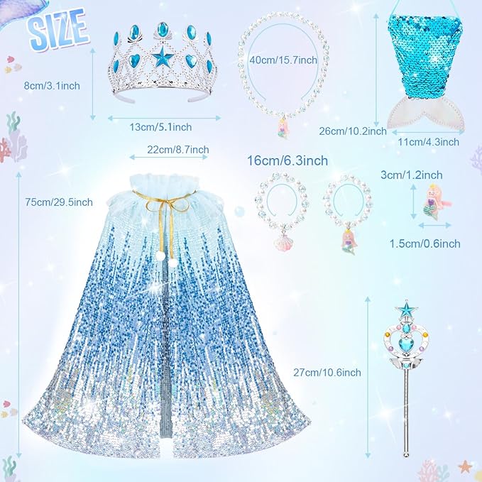 Meland Princess Dress Up for Girls 3-8, 11Pcs Mermaid Cape with Crown, Dress Up Clothes Birthday Gift Toys for Girls Toddlers