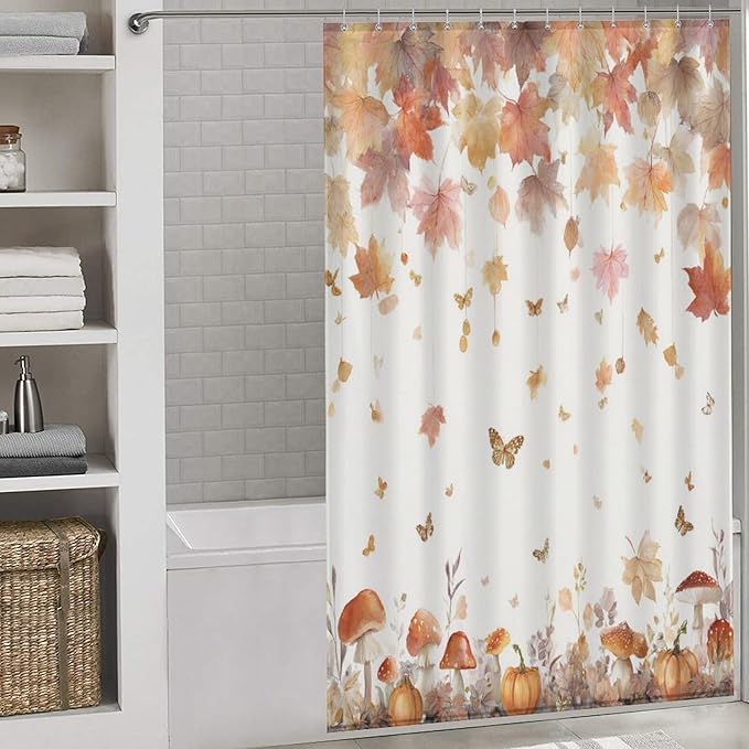 Fall Pumpkin Shower Curtain Autumn Maple Leaves Thanksgiving Harvest Waterproof Washable Fabric Bathroom Shower Curtains for Bathroom Decorations Home Indoor Decor 53x72Inch