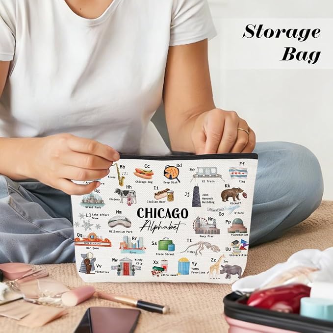 Chicago Alphabet Cosmetic Bag Makeup Bag Chicago Lovers Gift Chicago Travel Souvenir Merch Vacation Friendship Gifts for Women Chicago Lovers Girls Traveller Girls Trip Gifts Favors Christmas Birthday