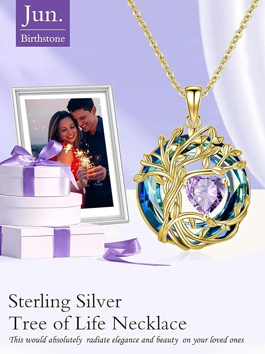 TOUPOP Tree of Life Birthstone Necklace 925 Sterling Silver Pendant Austrian Crystal Jewelry Anniversary Valentine's Day Birthday Gifts for Women Mom Her Wife