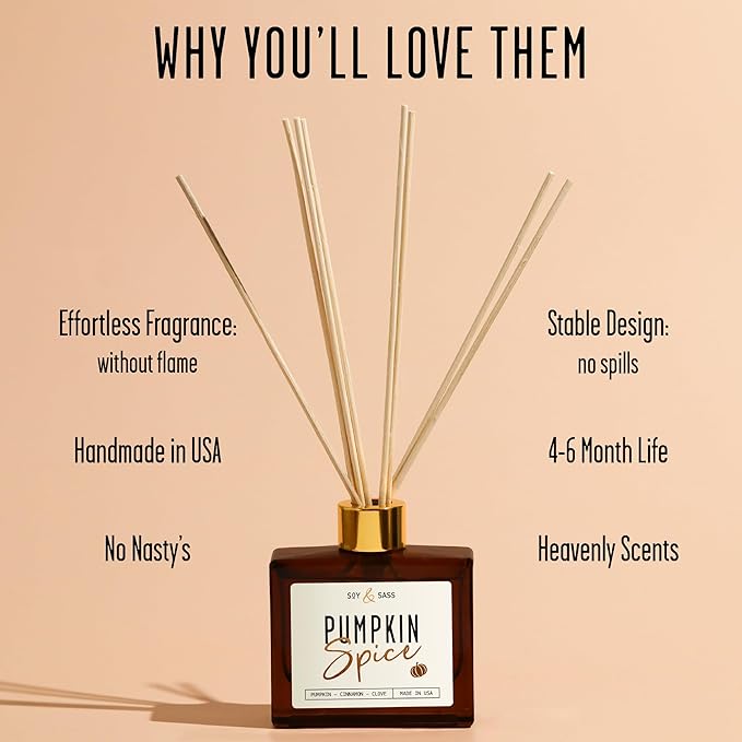 Pumpkin Spice Reed Diffuser, Fall Reed Diffuser Set - Infused w/Essential Oils I Pumpkin Diffuser I Stick Oil Reed Diffusers for Home, 5.75 OZ, Scent Lasts 4-6 Month's, Made in The USA