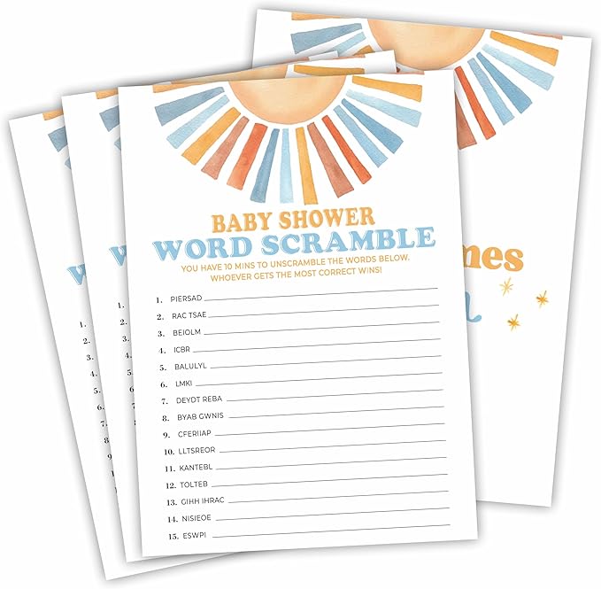 Retro Sunshine Word Scramble Baby Shower Game Kit - Here Comes The Sun - 30 Fill in Game Cards & 1 Answer Card for Baby Shower, Gender Reveal Party Favor, Activity & Supplies - D08