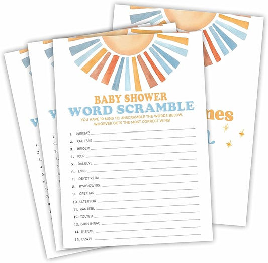 Retro Sunshine Word Scramble Baby Shower Game Kit - Here Comes The Sun - 30 Fill in Game Cards & 1 Answer Card for Baby Shower, Gender Reveal Party Favor, Activity & Supplies - D08