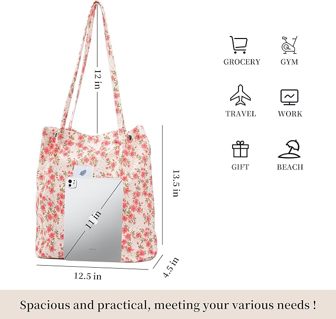 Corduroy Tote Bag Cute Tote Bags for Women Shoulder Bag with Inner Pocket for Work Beach Travel and Shopping Grocery