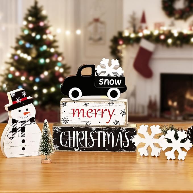 Yinhua Christmas Decorations Indoor, Christmas Table Decor, Black Truck Snowman Decorations with Xmas Tree & Snowflakes, Farmhouse Wooden Block Sign, Xmas Mantel Decor for Tiered Tray, Desk, Bookshelf