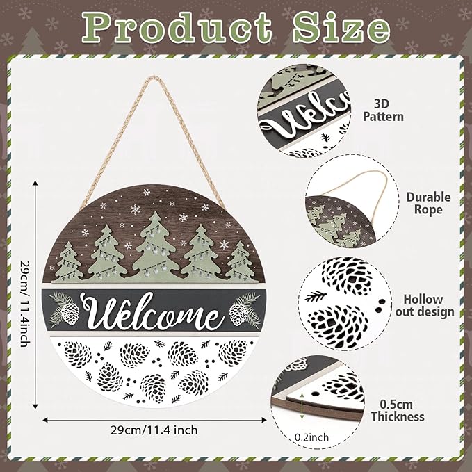 CHDITB Pinecone Welcome Winter Door Sign, Hanging Welcame Sign,Christmas Tree Welcome Door Sign, Christmas Xmas Decor, 3D Winter Wall Decor Hanging Xmas Round Sign for Home Decor