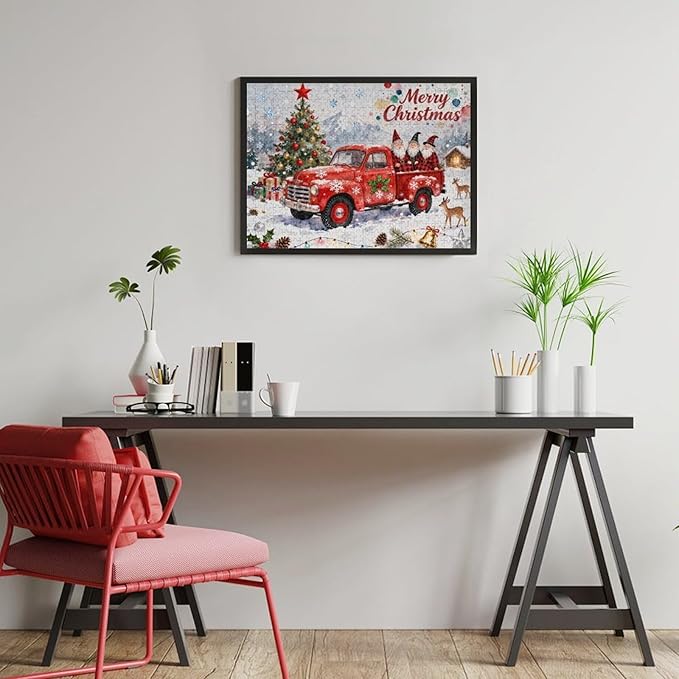 Merry Christmas-Red Car Gnomes 500-Piece Wooden Jigsaw Puzzle, Christmas Puzzle, Holiday Gnome Scene, Cozy Indoor Fun, Family Entertainment, Mindful Leisure Activity