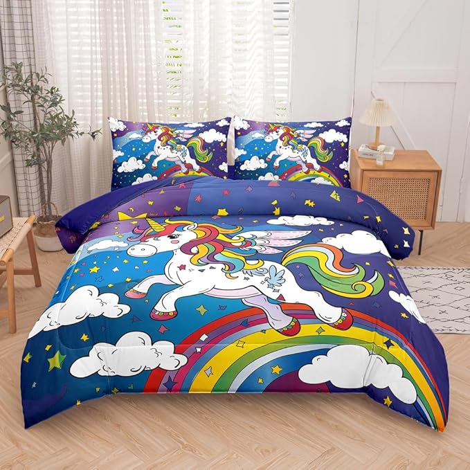 Unicorn Comforter Set - 5PCS Bedding Set for Girls, Rainbow Unicorn Theme, Bed in a Bag with Flat & Fitted Sheet, Pillowcase