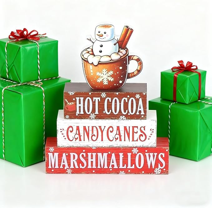 4 Pieces Christmas Hot Cocoa Wooden Table Decorations, Rustic Wooden Blocks and Cocoa Sign for Tiered Tray, Tabletop Centerpieces, Desk, Kitchen, Shelf Decor, Holiday Gift Idea