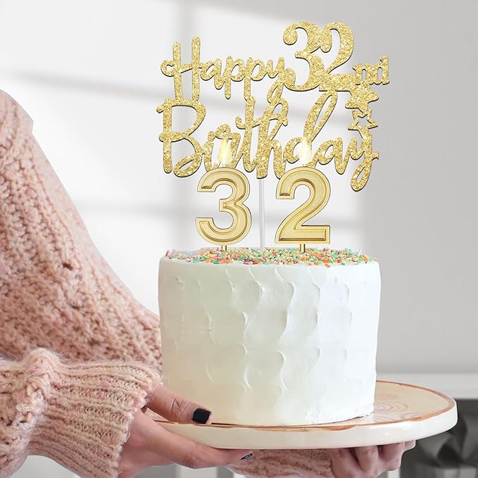 32nd Birthday Decorations for Women Gold with 32 Birthday Sash and Tiara, Cake Topper and Candles, Number Balloons, 32 Year Old Gifts for Women