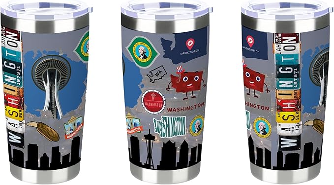 20oz Insulated Tumbler Washington State Coffee Mug, United States Map Travel Mug Landmark, Birthday Gifts Cute Custom Tumbler Cups with Lid and Straw Gifts for Mom