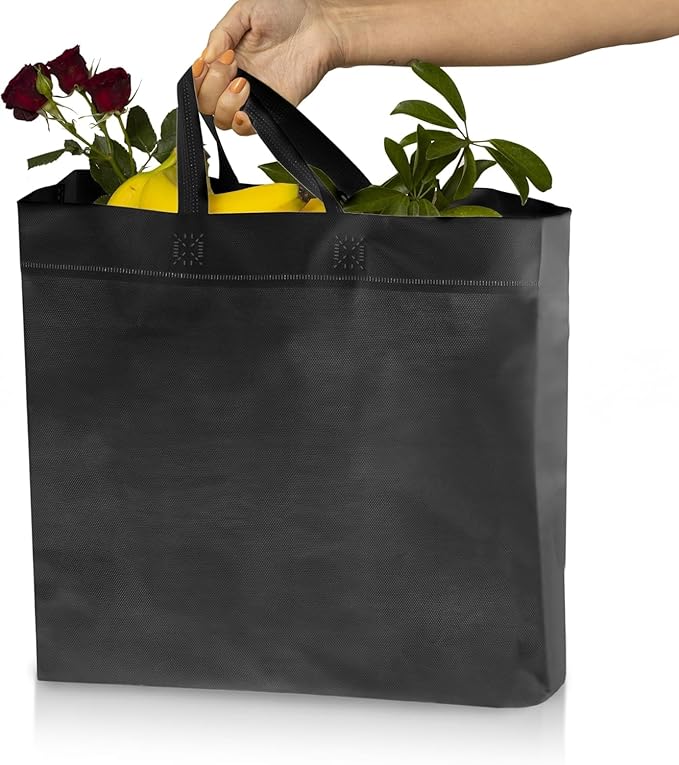 Simply Cool 200 Pack Black Reusable Eco-Friendly Grocery Shopping Bags 12.6"x6.3"x11.8" Durable, Environmentally Friendly Recyclable Shopping Bags Washable, Foldable, Portable Tote Bags Bulk