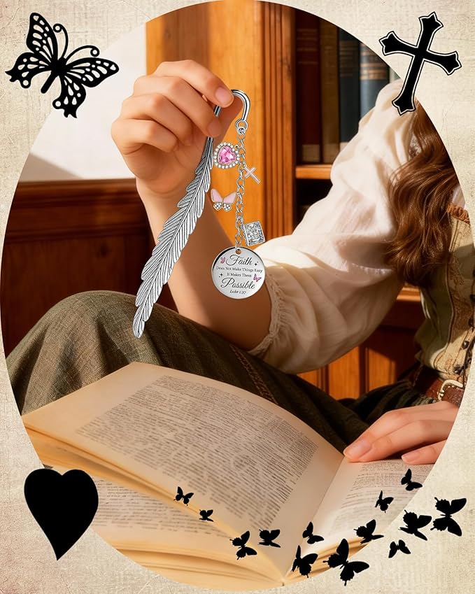 Buleens Bookmarks for Women Reading - Book Marks for Readers Book Lovers, Feather Faith Cross Butterfly Personalized Metal Bookmark with Pendants, Pretty and Aesthetic Book Accessories Reading Gifts