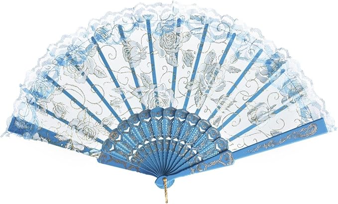 QIRMIZI 30pcs Silk Folding Hand Fans,Silk Fans,Light Blue Rose Fans,Perfect for Weddings, Parties, and Dancing,Light Blue