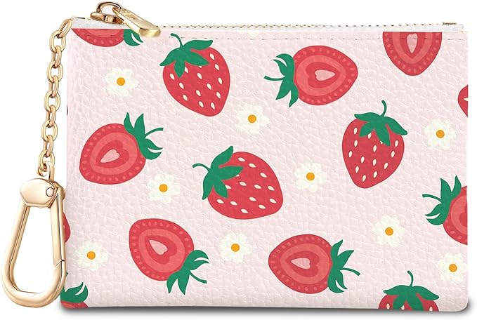 Strawberry Cute Keychain Coin Purse for Women, Small PU Leather Change Pouch, Zipper Little Tiny Travel Wallet for Girls, Cute Kawaii Zip Pocket Coin Holder with Key Ring