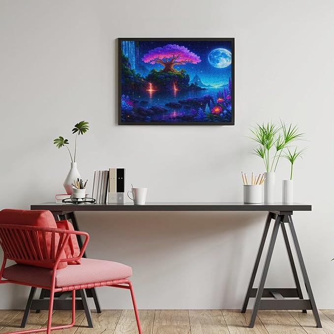 Meteor Shower and Moonlit Night 500-Piece Wooden Jigsaw Puzzle, Starry Night Puzzle, Moonlit Landscape Scene, Indoor Relaxation, Family Fun, Stress-Relief Activity