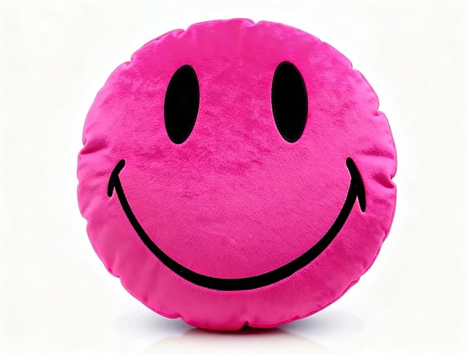 Smiley Face Pillow - Cute Plush for Fun Bedroom Decor - 16" X 16" Soft Cotton Cool Kids' Throw Pillows with Inserts Included - Birthday Gift - Room Decor Aesthetic for Bedroom. (Pink)