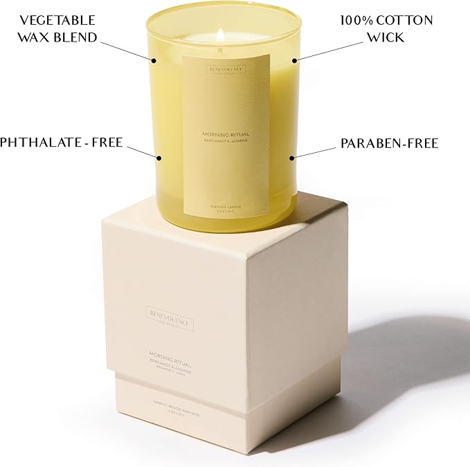 Bergamot & Jasmine Scented Candle | 11oz, 60 Hour Burn | Natural Soy Wax, Cotton Wick | Soy Scented Candles for Home | Benevolence LA Sun-Kissed Collection - Morning Ritual