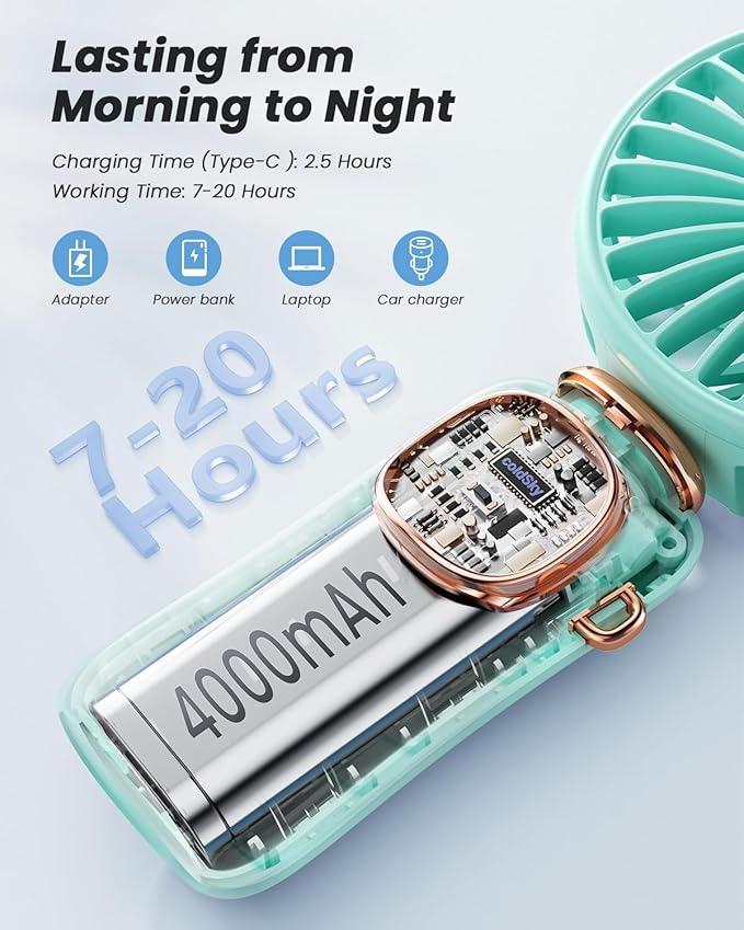 coldSky Portable Handheld Fan, 4000mAh Battery Operated Fan with LED Display, Handheld/Neck/Desk 3 in 1 Personal Small Fans, 90° Foldable Desk Fan with Base, 5 Speed Makeup Lash Fan for Women Green