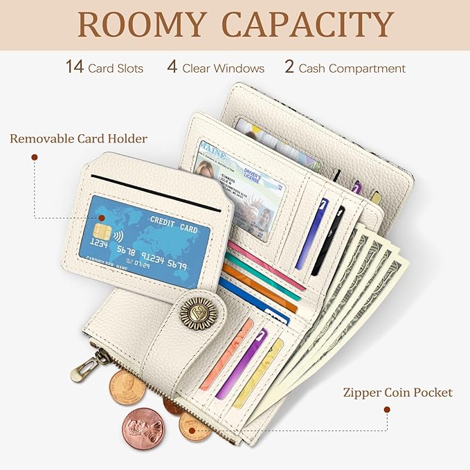 Flowers Floral Small Wallet Women RFID Blocking Bifold, Credit Card Holder, Zipper Coin Pocket, PU Leather, Compact, Travel, 4 ID Window, 14 Card Slots, Cash Purse, Ladies Woman Female Girls