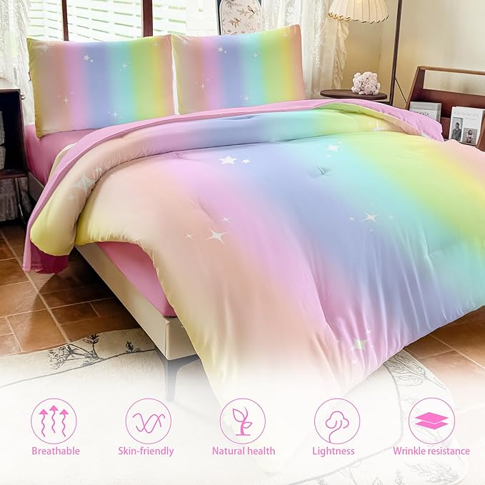 Rainbow Bedding Set Full Size – 5 Piece Reversible Girls Comforter with Deep-Pocket Sheet, Gradient Galaxy Design, Whole-Piece Filling, Machine Washable Bed-in-a-Bag for Kids Room Makeover & Gifts